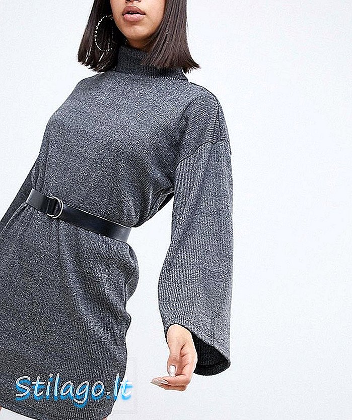 벨트 그레이를 사용한 ASOS DESIGN 하이넥 리브 스웨트 드레스