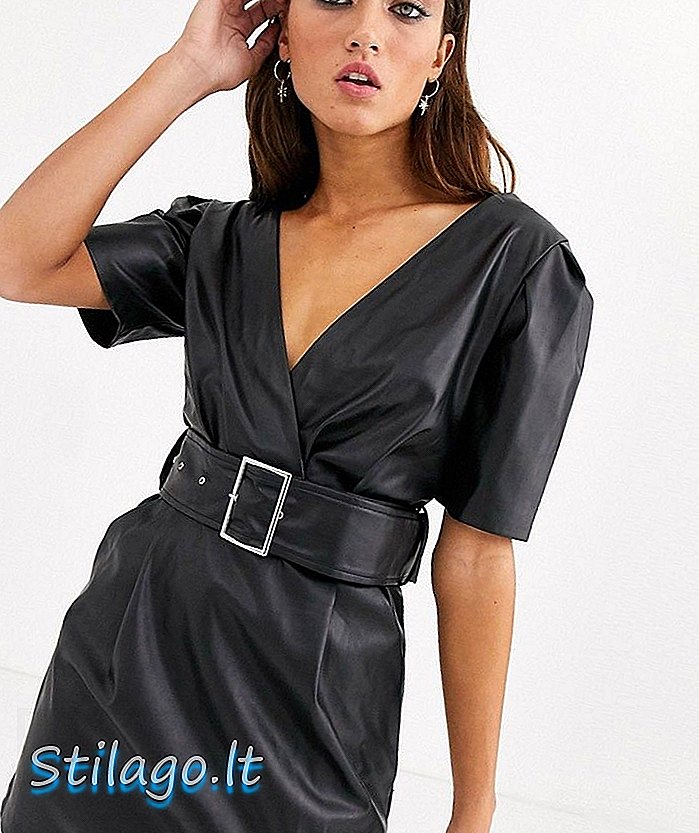 Bershka kuşaklı suni deri kuşaklı elbise siyah