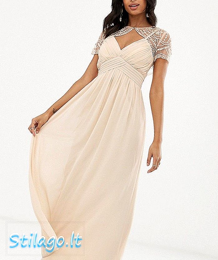 Little Nyonya dilepas bordir mesh cape chiffon maxi dress-Beige