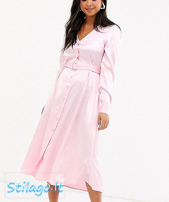 Glamorös bälte knapp genom tröja klänning i satin-rosa