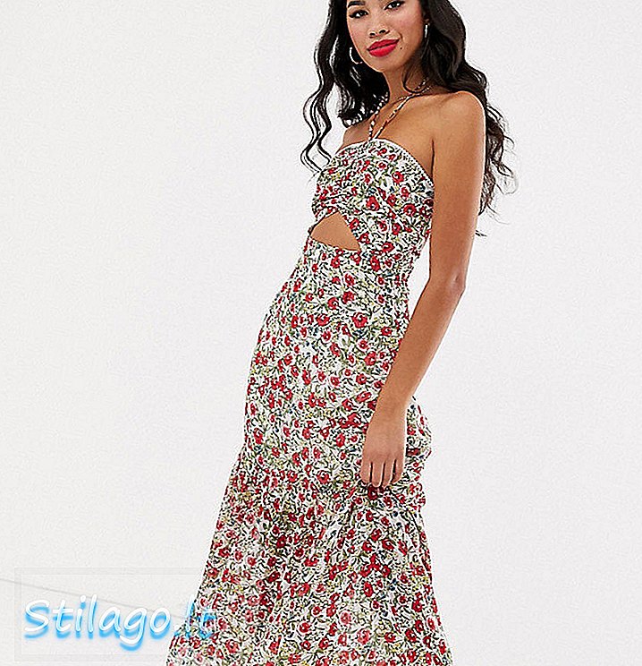 Ciemnoróżowa sukienka maxi z halternem we wszystkie kwiatowe wzory-Multi