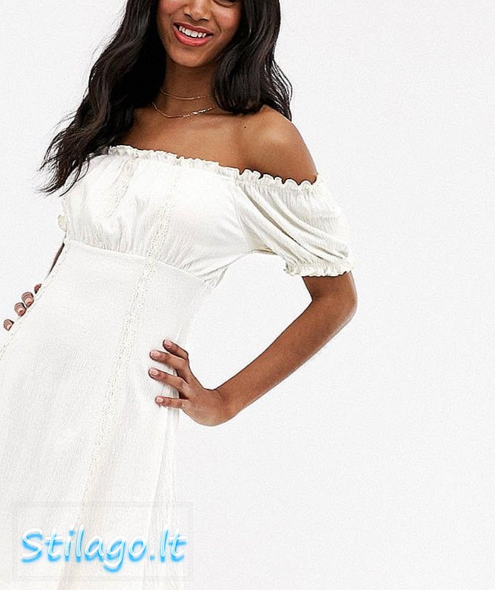ASOS DESIGN - Mini robe d'été texturée bardot avec empiècements en dentelle - Blanc