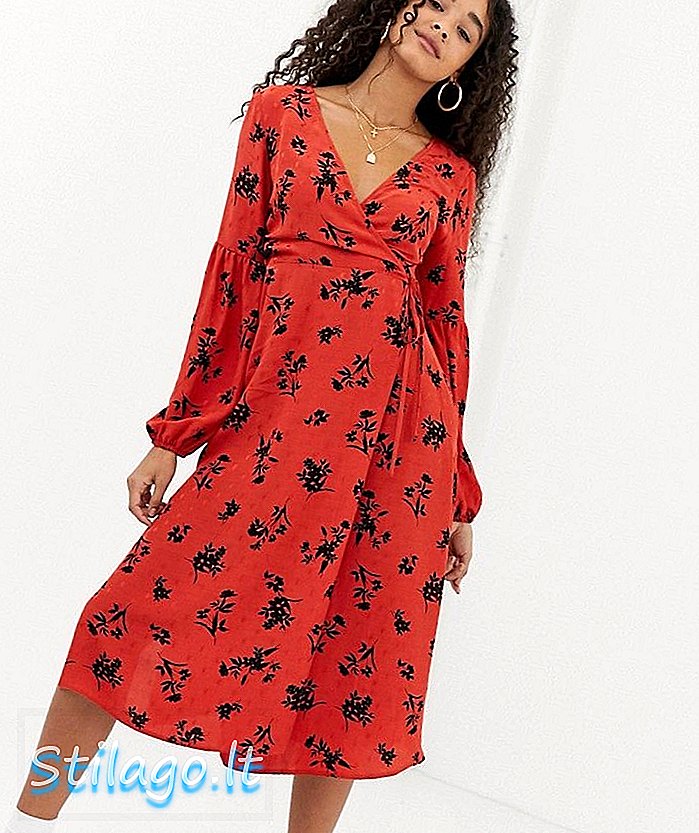 Robe portefeuille midi Nobody's Child en satin jaquard fleuri-Rouge