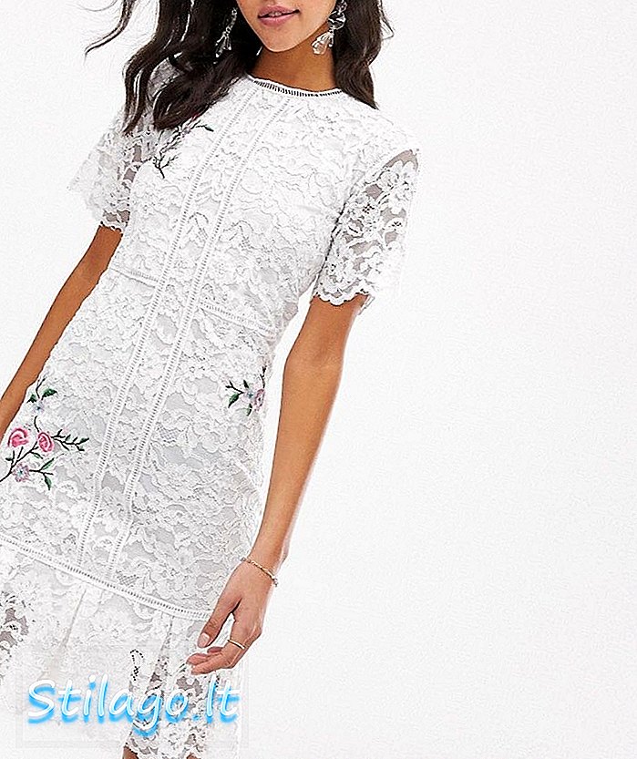 Liquorish koronkowa sukienka midi z kwiatowym haftem - biała