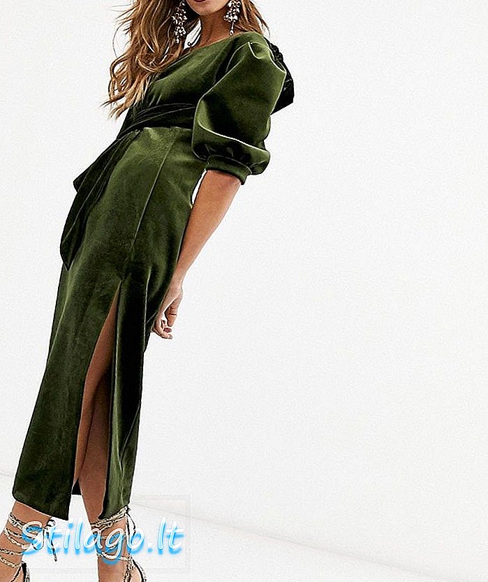 Kadife-ASOS EDITION asimetrik puf kollu midi elbise-Yeşil