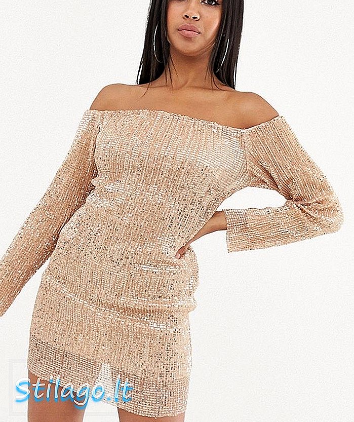 Club L London - Mini-robe à sequins et manches longues à épaules dénudées en or rose