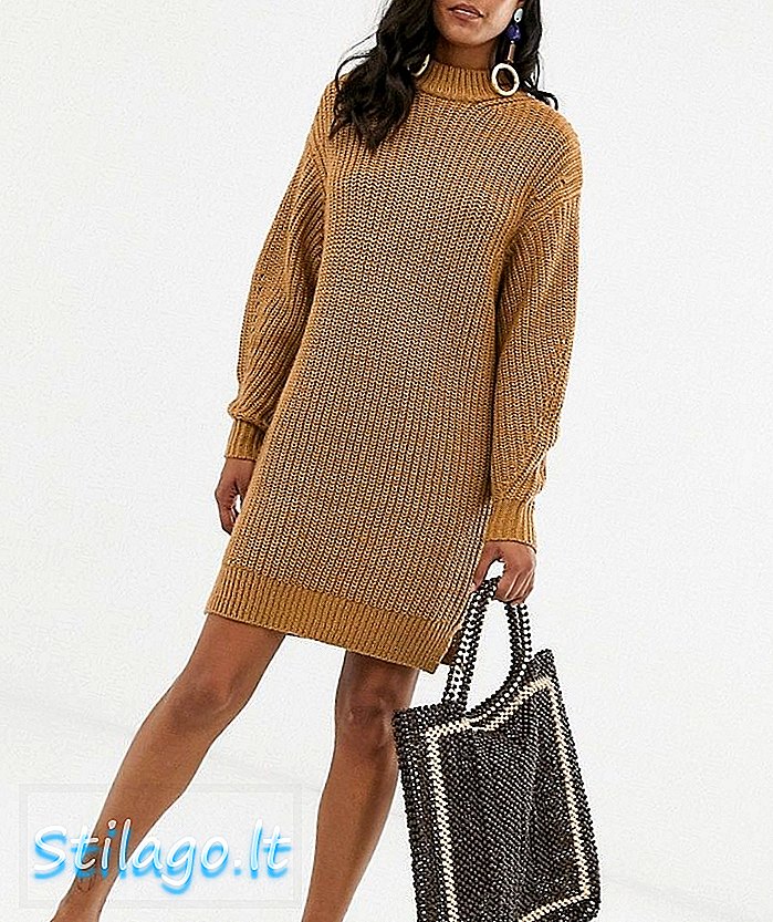 ASOS DESIGN rajutan mini dress rib dengan leher kru chunky-Stone