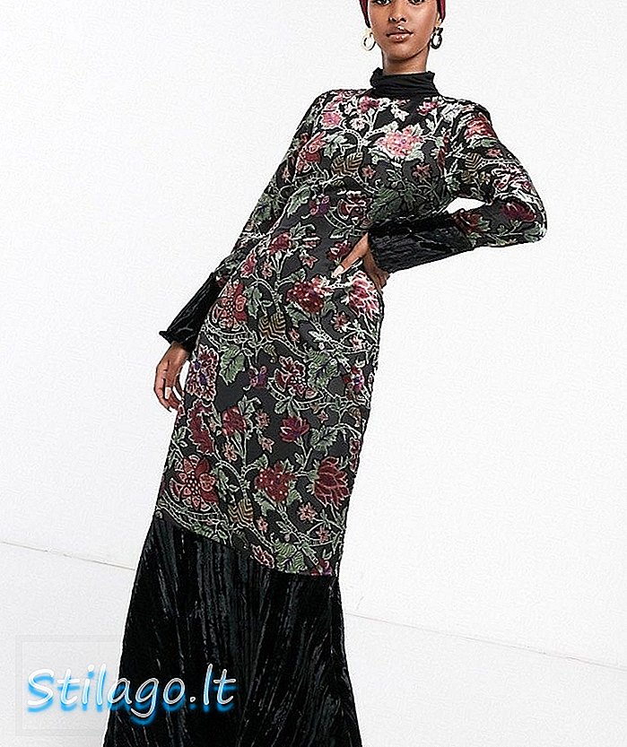 Sukienka maxi z wysokim dekoltem Verona i karbowanym rękawem w aksamitnym burnout-Multi
