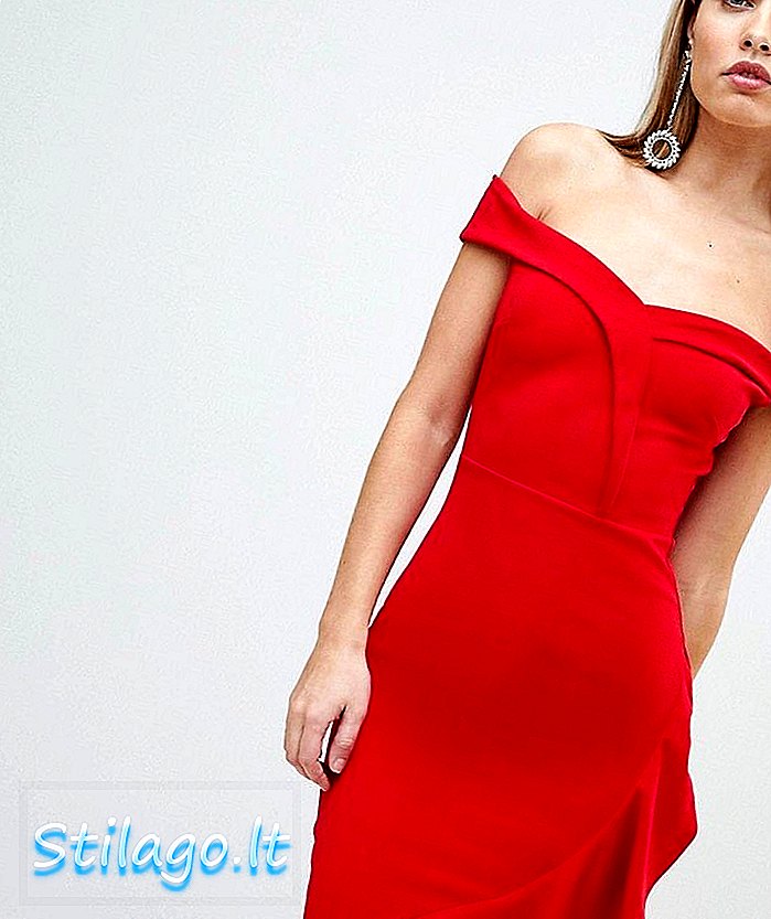 Vestido ajustado Bardot con volantes rojos de Lipsy