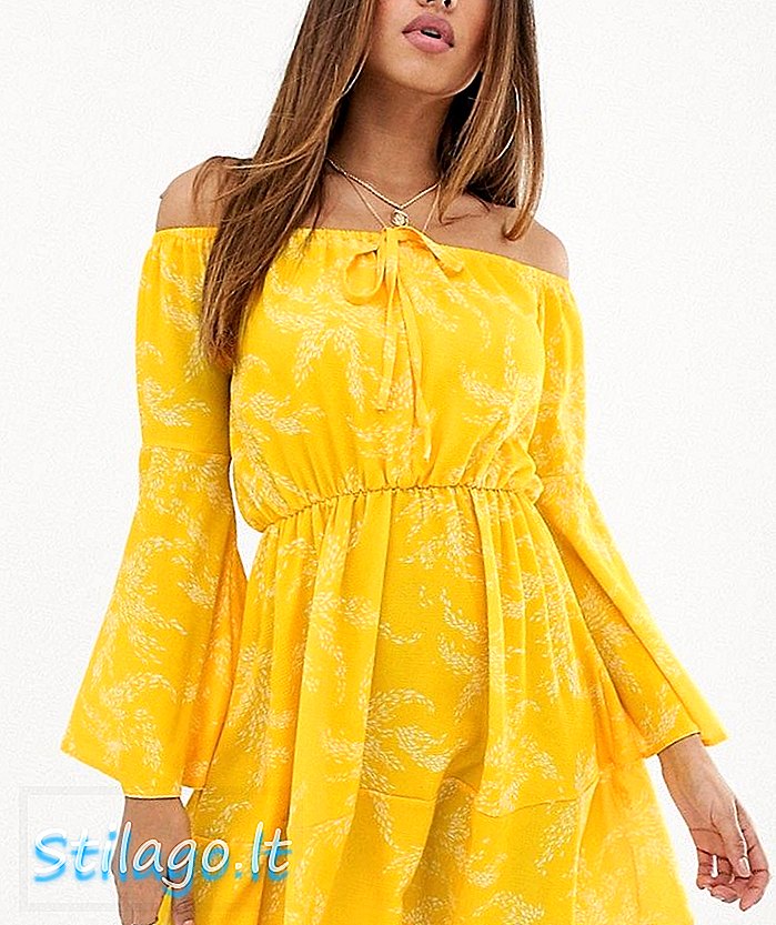 Club L bardot βολάν φόρεμα με μανίκι φλάουτο-Κίτρινο