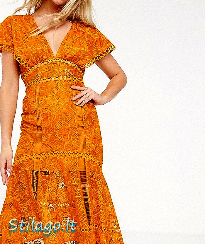 ASOS DESIGN Çırpınan kollu Midi elbise, dantel süslemeli, dantel süs detaylı-Sarı
