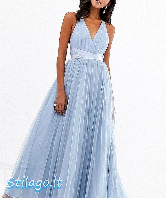 ASOS DESIGN Premium Tulle Maxi Prom φόρεμα με κορδέλες γραβάτα-μπλε