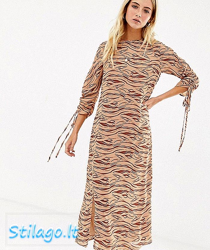 Puošni „midi“ suknelė su priekinėmis padalomis ir supjaustytomis rankovėmis bei subtilia zebra-smėlio spalvos