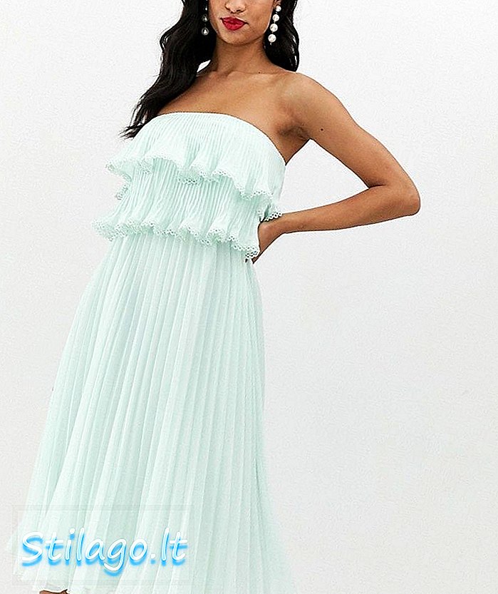 ASOS DESIGN Bardot Falten Midi Kleid mit Rüschenoberteil und Besatz Detail-Multi