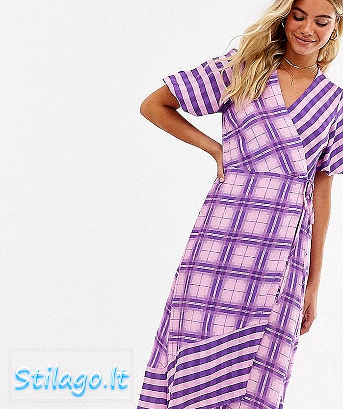 Miss Selfridge τυλίξτε μεσαίο φόρεμα σε λιλά check-Purple