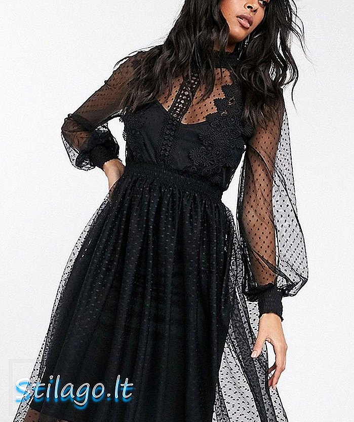 Koronkowa sukienka midi z długim rękawem Vila - czarna