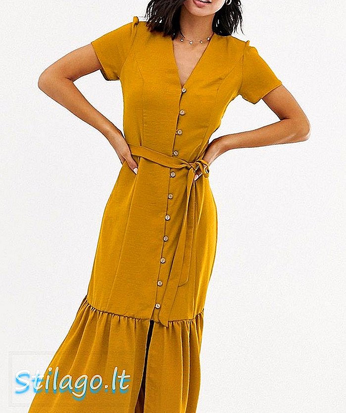 فستان متوسط ​​الطول بأزرار من New Look باللون الأصفر الخردلي