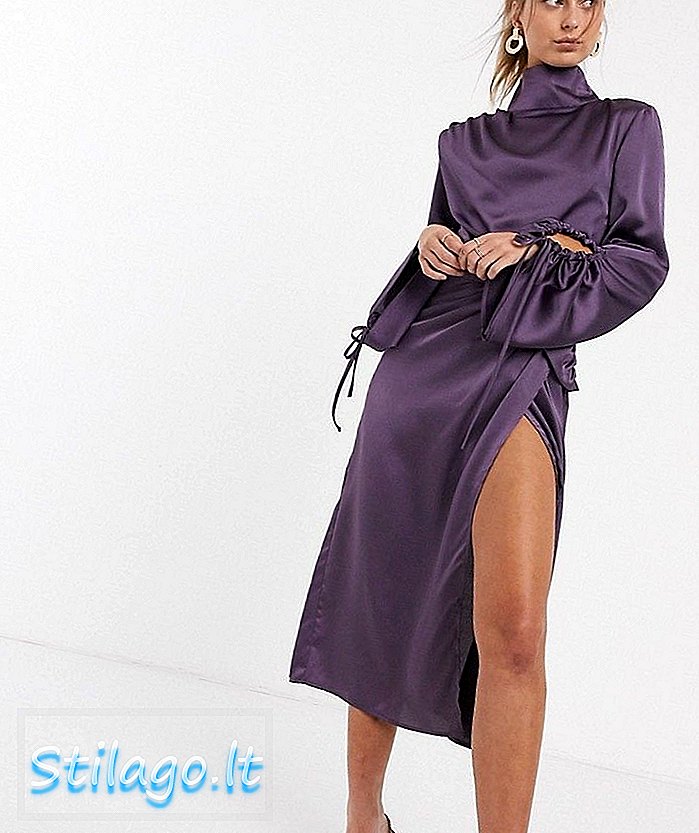 Unqiue21 vestido drapeado satinado manga larga con cuello fruncido-Púrpura