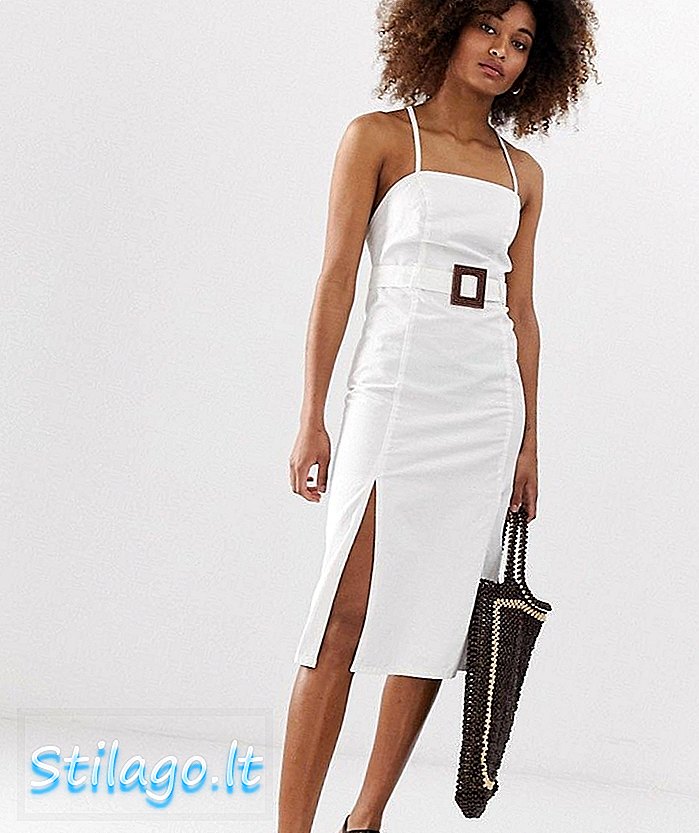 Neon Rose Denim Midaxi Kleid mit Bindeband und Gürtel-Weiß