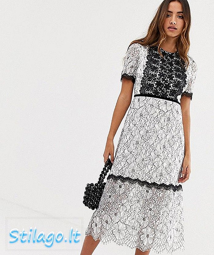 Forever U lace midi dress dengan trim kontras dalam mono-White