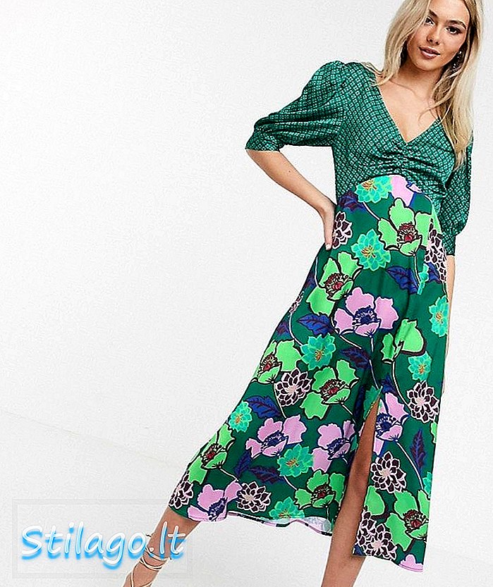 سبز پھولوں میں مائع ساٹن میڈی لباس