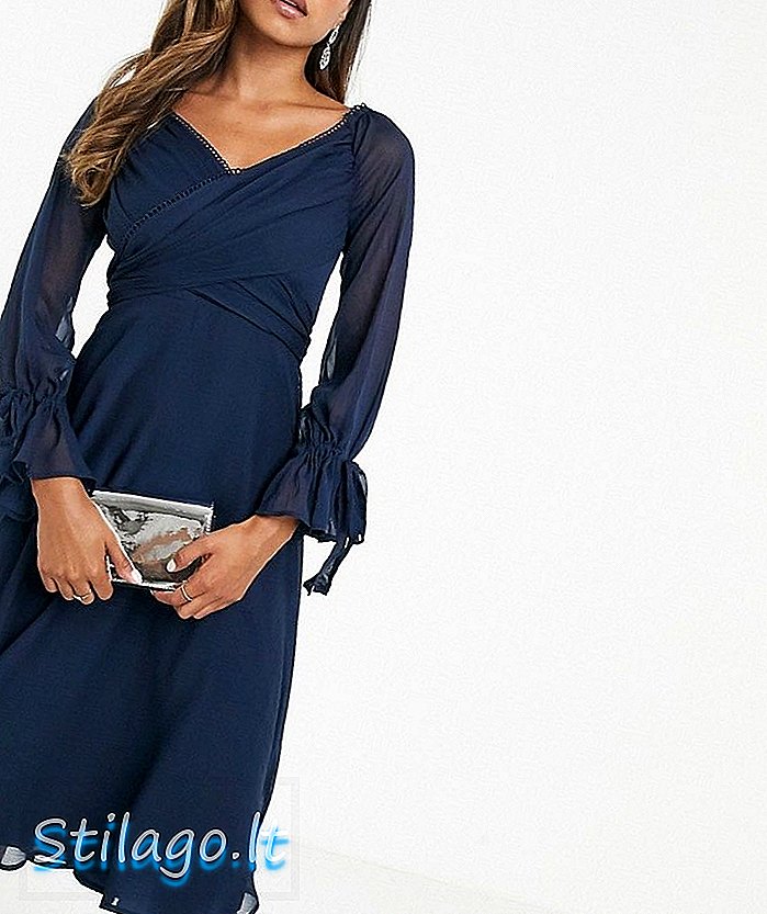 ASOS DESIGN - Robe mi-longue avec jupe superposée et taille portefeuille avec détail en dentelle - Bleu marine
