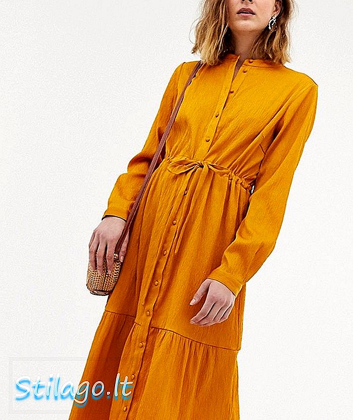 Vestido camisero a media pierna con cintura fruncida-Amarillo