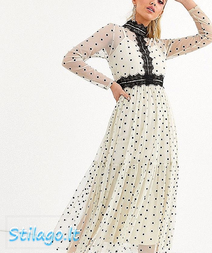 Renda & Manik gaun polka dot midi lengan panjang dengan sisipan renda dalam warna krim / hitam-Multi