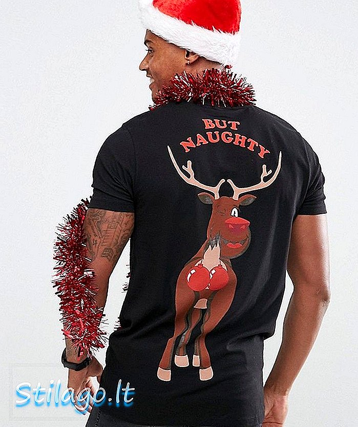 ASOS Longline Χριστουγεννιάτικο μπλουζάκι με ωραίο αλλά άτακτο τάρανδο εκτύπωσης-Μαύρο