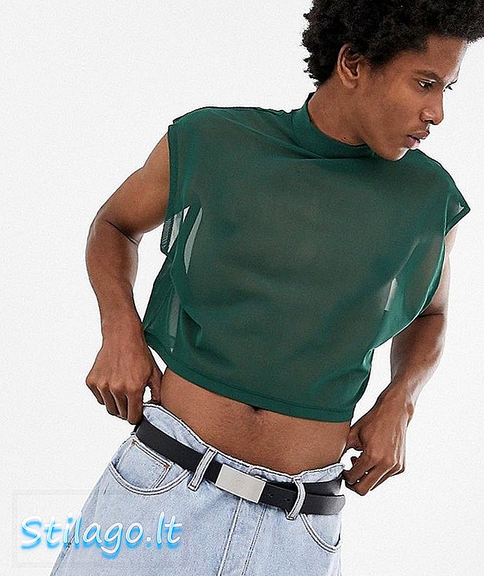 ASOS DESIGN - Oversized cropped mouwloos T-shirt met col in fijn mesh-groen