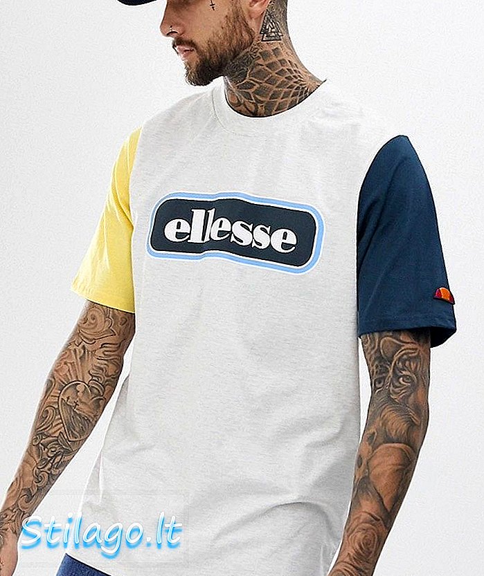 엘레 세 미로 (Lellesse Mirro) 라이트 그레이 마블 소재의 블록 로고가있는 대형 대비 티셔츠