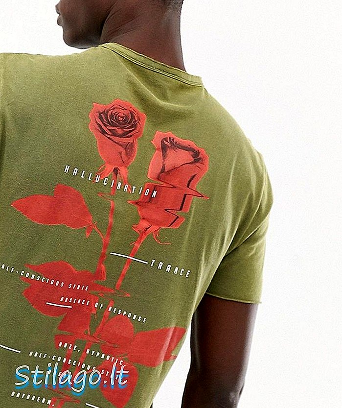 ASOS ڈیزائن سپر لانگ لائن ٹی شرٹ کے ساتھ گلاب بیک پرنٹ اور ہیوی واش گرین