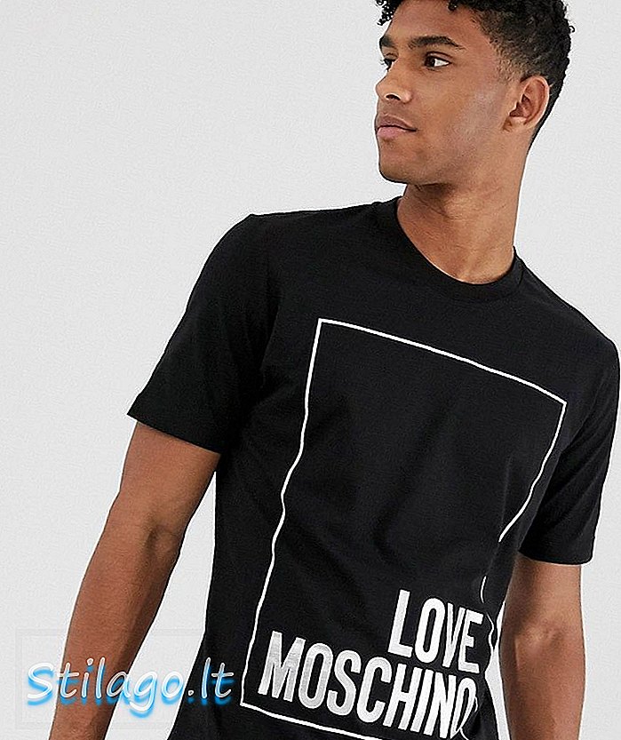 Juodi marškinėliai su meile „Moschino“ logotipo dėžutėje