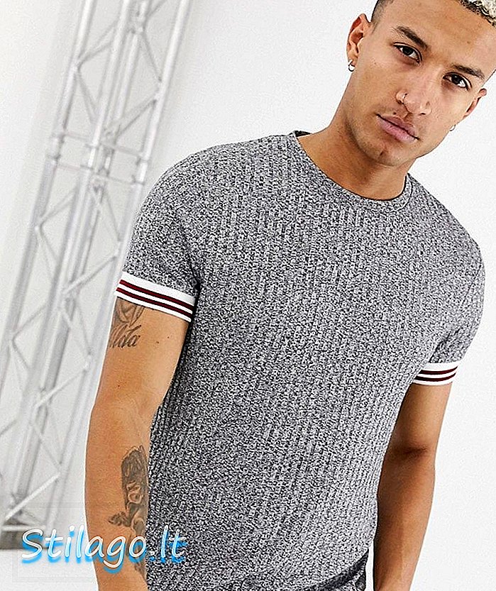 ASOS DESIGN - T-shirt van geribde stof met contrasterende biezen in grijs