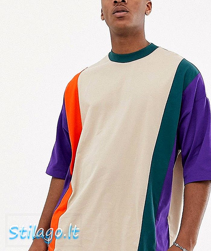 ASOS DESIGN 세로 형 컬러 블록이있는 대형 롱 라인 티셔츠