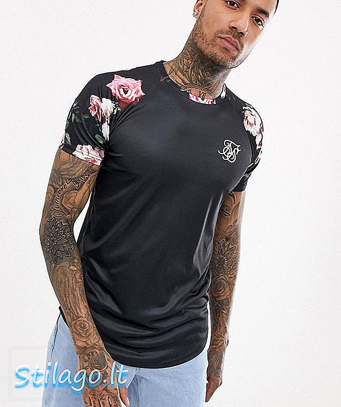 T-shirt SikSilk noir avec manches fleuries