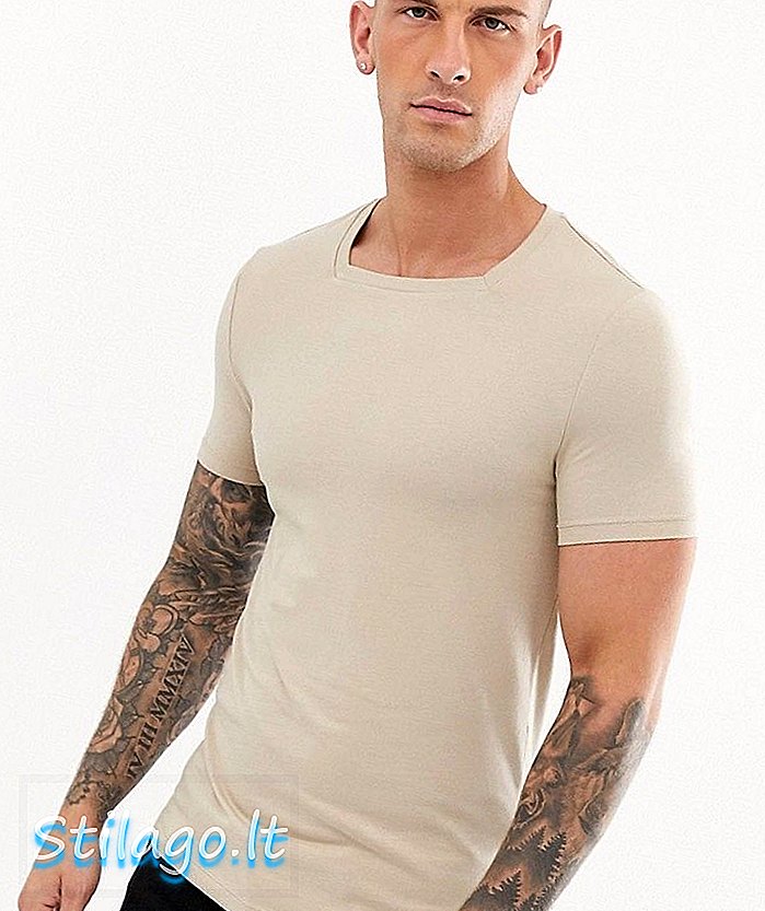 „ASOS DESIGN“ ekologiški, raumenims pritaikyti marškinėliai su smėlio spalvos kvadrato formos kaklu