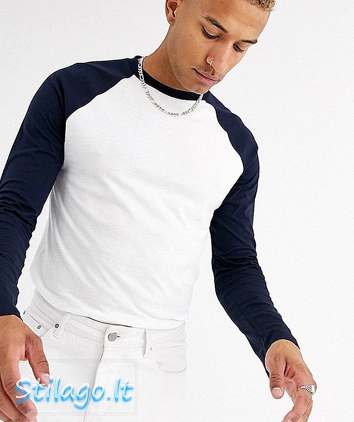 „ASOS DESIGN“ marškinėliai ilgomis rankovėmis su įgulos kaklu, balti ir tamsiai mėlyni