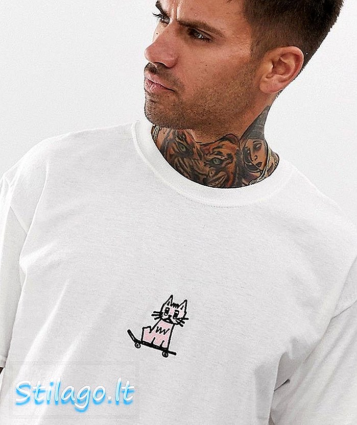 New Love Club kitty skate geborduurd T-shirt in oversized-wit