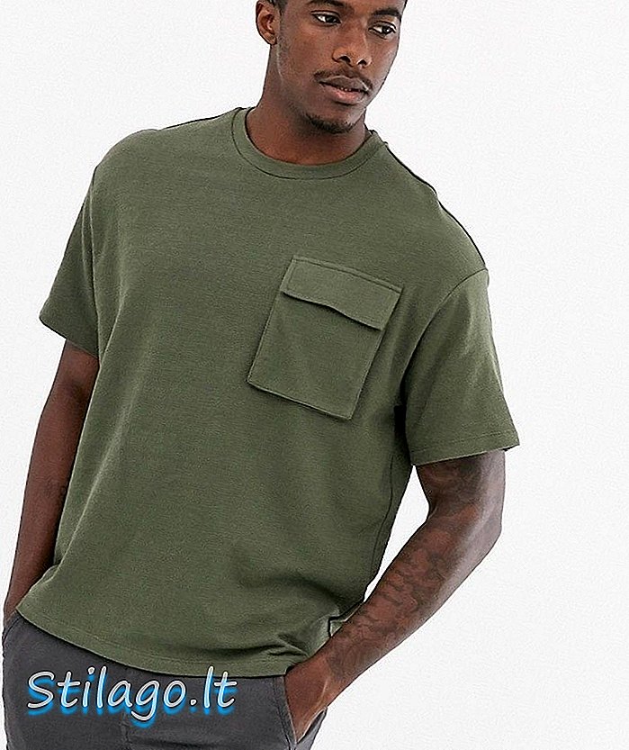 T-krekls Pull & Bear ar kabatas detaļu haki-zaļā krāsā