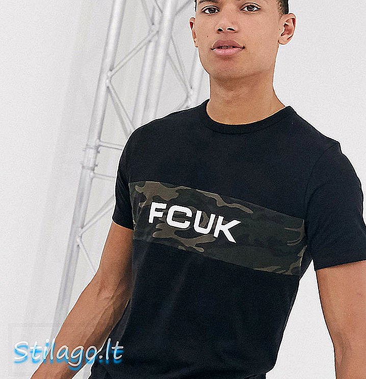 फ्रेंच कनेक्शन लंबा FCUK लोगो टी-शर्ट-काला