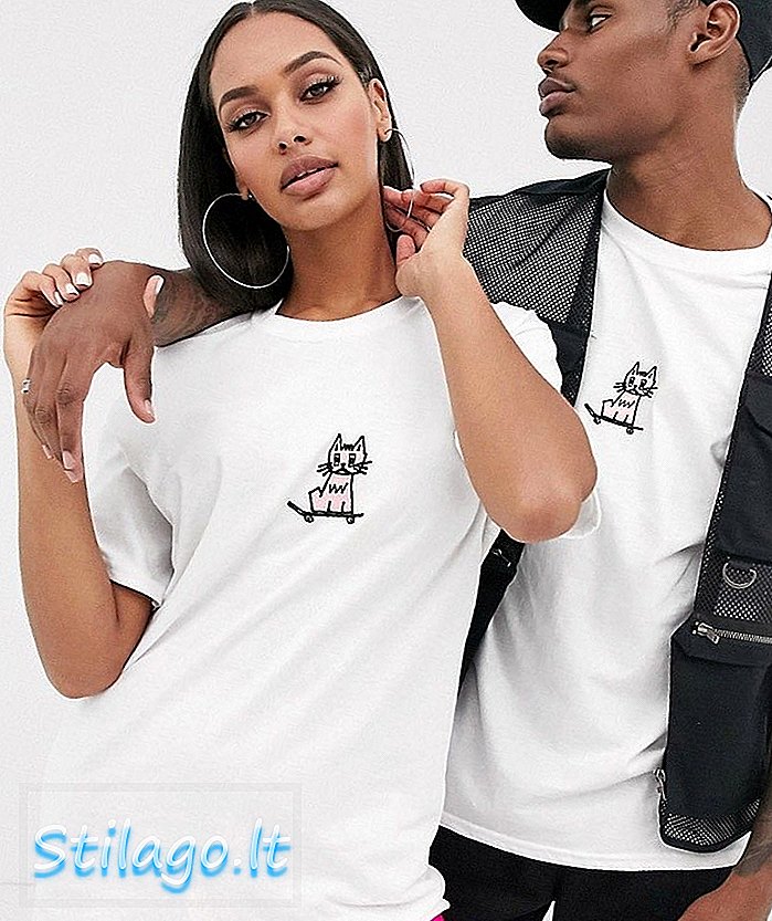 New Love Club unisex vyšívané mačiatko korčule s grafickým tričkom-šedé