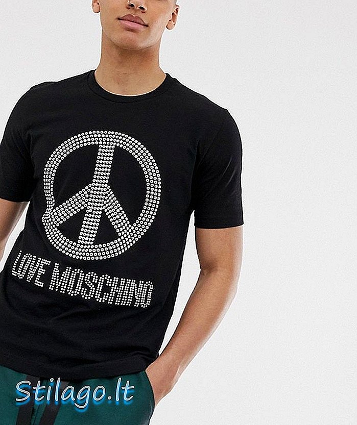 Meilės „Moschino“ marškinėliai juodi su raižytos taikos logotipu