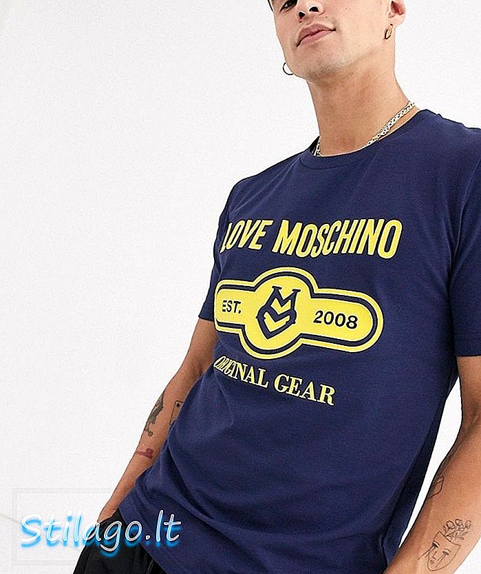 Aşk Moschino göğüs logosu t-shirt-Mavi