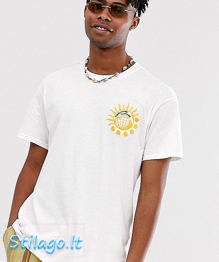 T-shirt vintage rigenerata con ricamo sole e globo-bianco
