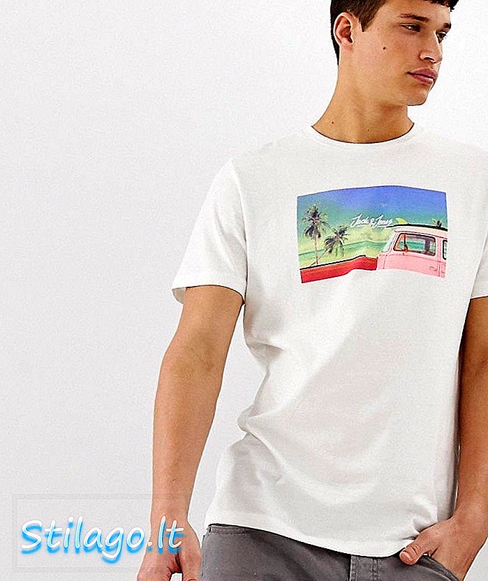 Majica Jack & Jones Originals s grafikom na plaži u bijeloj boji