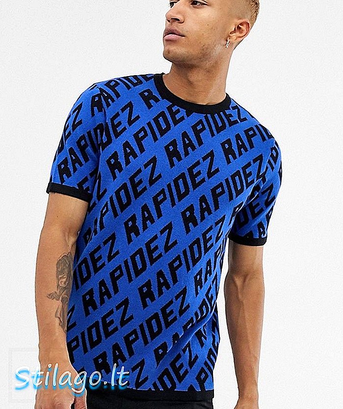 ASOS DESIGN πλεκτό μπλουζάκι με σχέδιο κειμένου σε μπλε χρώμα