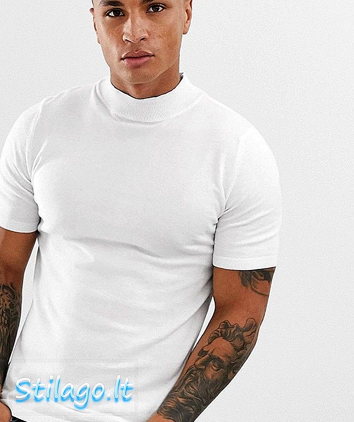 ASOS DESIGN - T-shirt bianca a collo alto in cotone lavorato a maglia