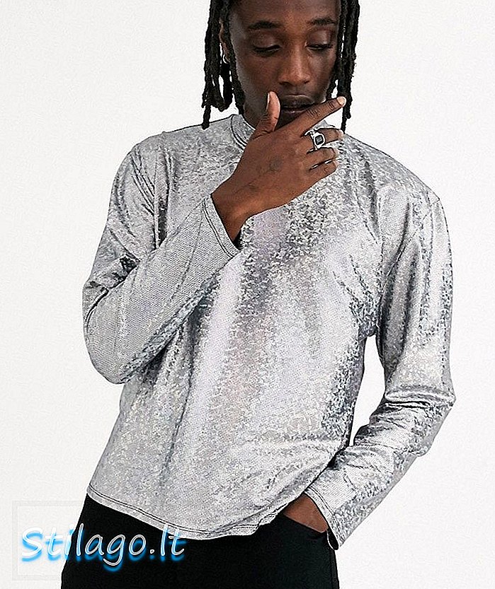 „ASOS DESIGN“ atsipalaidavę apkarpyti marškinėliai ilgomis rankovėmis su vėžlio kaklu iš sidabrinio holografinio audinio