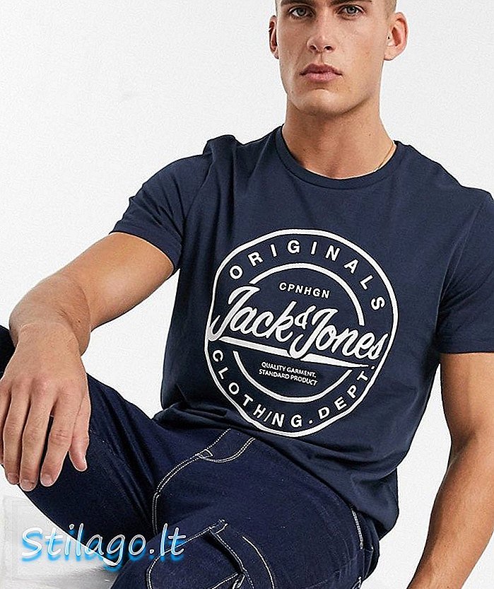 „Jack and Jones Originals“ logotipo marškinėliai su kvadratine spauda - „Navy“